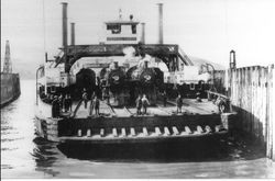 Southern Pacific train transfer ferry "Contra Costa" arrives at the Port Costa slip, about 1925