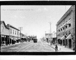 P&SR train traveling north towards Forestville on Main Street, Sebastopol, 1908