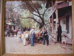 Harvey Henningsen photo of various people are dressed in pioneer costume in George H. Smith's Georgetown in Graton, California, 1990