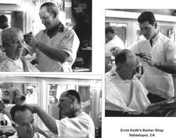 Barbers working in Ernie Keith's Barber Shop in Sebastopol, April 1961