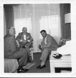 Oscar A. Hallberg and Denman Barlow with Jim Klahre, manager of the Hood River Apple Growers at the June 1952 NAI (National Apple Industry) convention at the Mark Hopkins Hotel in San Francisco