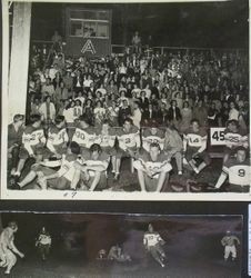 Analy High School football team of 1949 on bench with fans in bleachers behind at the Analy Field and Analy vs Napa game