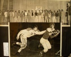 Analy High School Tigers football, 1953--group photo of Analy Tigers Varsity players on stage with Coach Walt Foster, probably a rally before the Analy-Petaluma game and game photo of Analy vs Santa Rosa, 1953