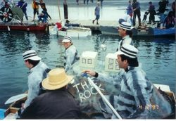 Crew dressed as convicts on "The Rock" float at the Fisherman's Festival in Bodega Bay, 1997