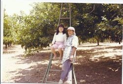 Kikue Morita and her granddaughter in the Morita apple ranch in Sebastopol, about 1980