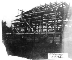 Reassembly of Enmanji Buddhist Temple in process at the corner of Gravenstein Highway South and Elphick Road, Sebastopol, California, February 1934