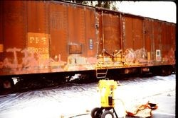 Pacific Fruit Express boxcar being refurbished and sand blasted for the West County Museum at 261 South Main Street in Sebastopol, California, 1995
