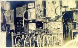 Interior of J F Triggs bicycle shop at 238 South Main Street in Sebastopol, about 1916