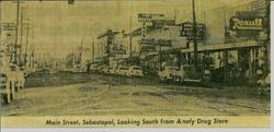 Newspaper photo of Main Street, Sebastopol looking south from Analy Drugstore, about 1958