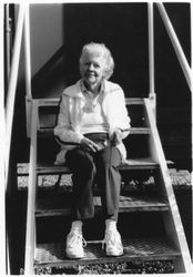 Grace Abbott in front of the boxcar at West County Museum at the time she recorded her oral history with Arlene Houghton in 1992