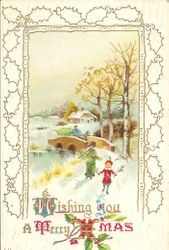 Christmas message with scene of winter country with cabin in rear