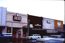 Jack's Liquor Store, Jack Clark's Mens Clothing, Apple Valley Bakery, People's Music on North Main Street in downtown Sebastopol, California, 1977