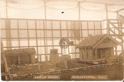 1911 Gravenstein Apple Show display of farm house, windmill, well and chicken coop covered in whole and dried apples