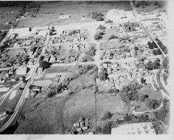 1950 aerial view of O. A. Hallberg & Sons processing plant and Cold Storage building in Graton, looking west