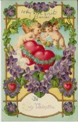 Valentine of two cherubs over two hearts surrounded by a heart of violets and ivy