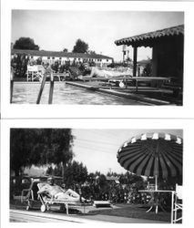 Two photos of George F. Streckfus lounging at a pool in Palm Springs, February 28, 1950