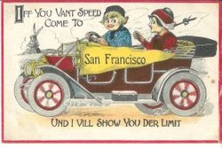 Greeting card with picture of little boy and girl in Dutch costume riding in, about 1913 car with flag, postmarked October 31, 1913