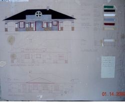 Architectural remodel drawing of P&SR depot station at 261 South Main Street, Sebastopol, California, made in 1989 by architect John Hughes