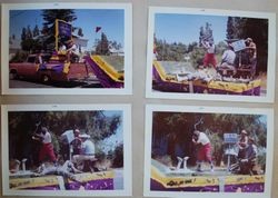 Four Sebastopol Lions Club scrapbook photos of their float for an Apple Blossom parade, 1960s