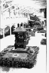 1915 Gravenstein Apple Show display of a shrine-like structure made of apples