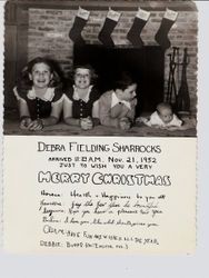 Birth announcement/Christmas card with picture of Dr. Horace Sharrock's four children: Suzanne, Pauline, Clive and Debbie (born Nov. 21, 1952)