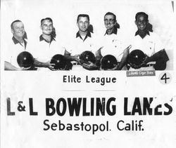 Elite bowling league sponsored by Jack's Cigar Store at the L & L Bowling Lanes in Sebastopol, 1957