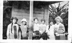 Group of six unidentified young women at Bodega Bay, about 1915
