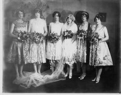 Bride and bride's maids portrait of Cornelia "Bunni" Myers at her wedding in 1927 to Volney T. Ballou in the Congregational Church in Sebastopol and interior of the Congregational Church decorated for the wedding