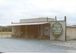 Boxes of apples at the entrance to the Hallberg Apple Farm roadside stand, 1982