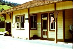 Close-up of the Duncans Mills historic Railroad Depot, April 1983