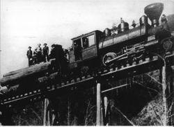 Western Redwood Lumber Company train crossing at Russian Gulch near Jenner, 1907