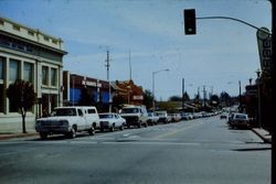 Sebastopol South Main (east side) junction of Highway 116 and 12 in Sebastopol, California, location of Sierra National Bank, the Sebastopol Times and Joe's Budget Store, 1970s
