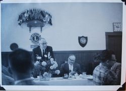 Sebastopol Lions Club meeting with unidentified guest speaker, president Don Hosford, and Vern Hassett, about 1955 (Sebastopol Lions Club scrapbook photo)