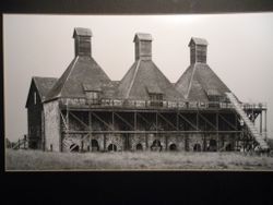 Stone hop kilns at Hop Kiln Winery, 6050 Westside Road, Healdsburg, California, about 1970