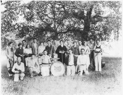 Analy Union High School yearbook (Azalea) photo of the Analy orchestra in 1928, photographed outside the school by a large tree