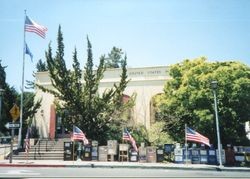 American flags line South Main Street of Sebastopol, California, near the West County Museum, 2002