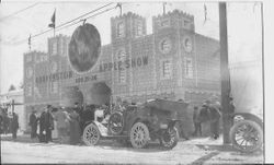 1911 Gravenstein Apple Show main entrance with facade made to look like a stone or brick castle