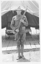 Alfred Leslie Kingwell in World War I army uniform at Camp Farwell, in front of his tent, about 1917