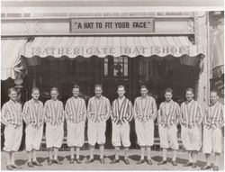 Hal Parrish's Rio Nido Band members standing in front of the Sather Gate Hat Shop in Berkeley, California, about 1915