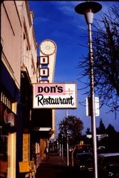 Don's Restaurant overhang sign on the west side of South Main Street in Sebastopol, California, February 1977