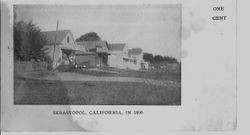 Street view of downtown Sebastopol in 1890, showing Graeff's Grocery, Morris Brothers shop, Berry Stable and Hotel and other buildings