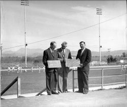 John Crump, Principal of Analy High School, Lawrence Duffield, superintendent of schools and Delbert (Deb) Triggs, President of Rotary at dedication of Karlson Field at Analy High School in Sebastopol, 1950