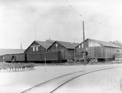 Garcia and Maggini packinghouse next to P&SR electric railway in Sebastopol