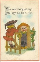 Greeting card with picture of little girl in big hat swinging on gate and little boy watching, postmarked September 12, 1913