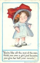 Greeting card with picture of little girl in big hat, postmarked October 10, 1913