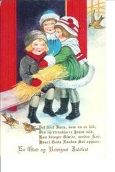 Christmas greetings in German and illustration of three children in winter setting