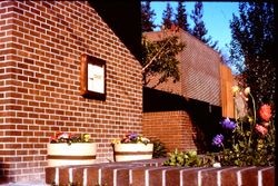 Front of Sebastopol's Public Library with landscaping and plantings, February 1977