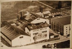 Aerial photo of the Speas Manufacturing and Distillery plant in Sebastopol at the corners of McKinley and Petaluma Avenue, 1930s