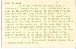 Gravenstein Apple Show advertisement postcard with colored roses on front and a typed advertisement message on verso from the Gravenstein Apple Association