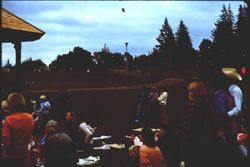 Crowd of people during the construction of the gazebo at Brookhaven Park in Sebastopol, summer 1976